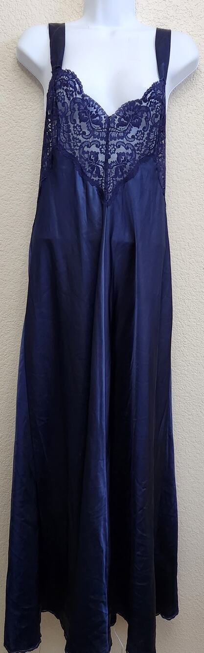 Vintage Navy Blue Lace Bodice Crisscross Back Straps Large Sexy Long Lightweight